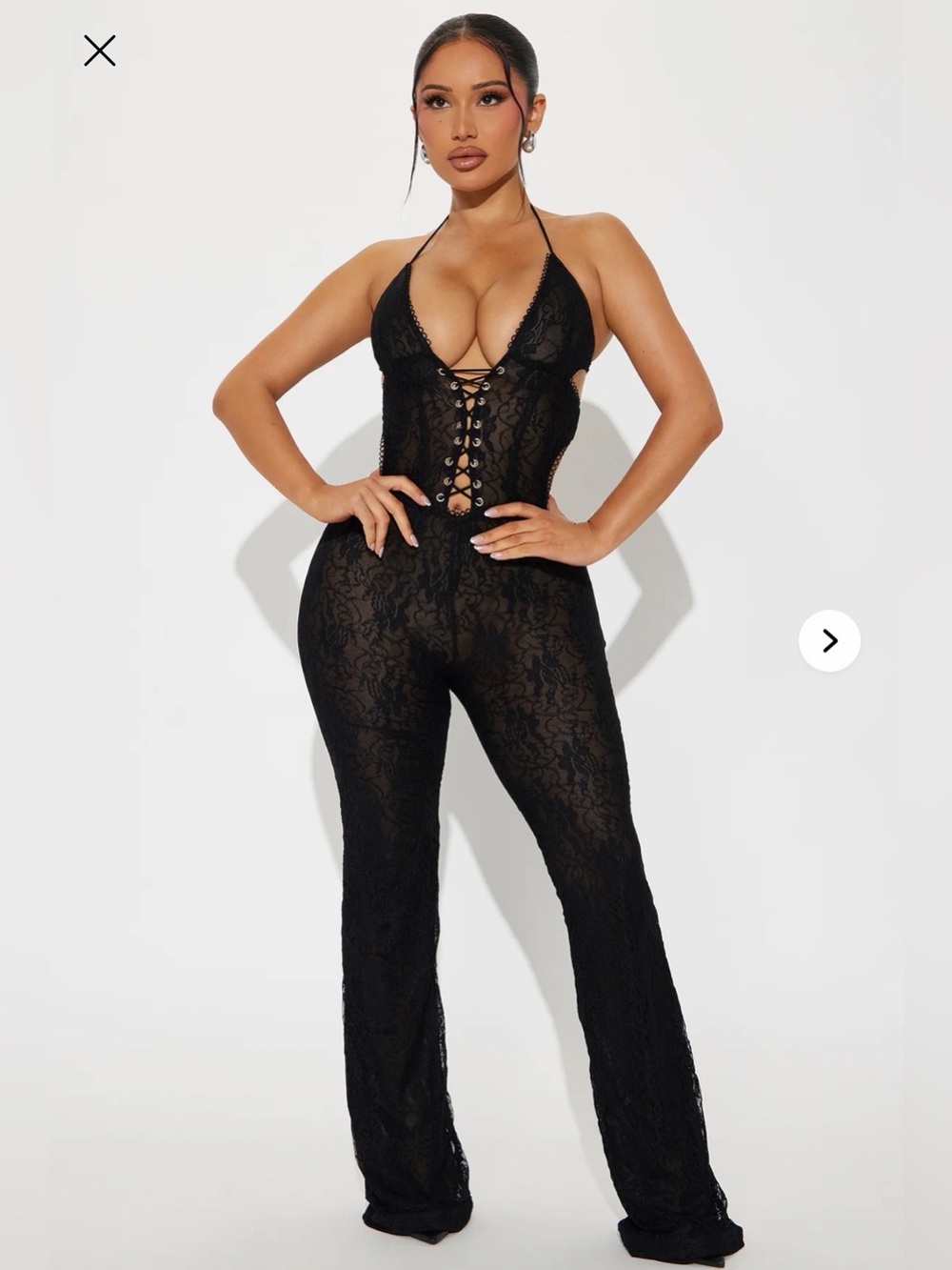 Fashion Nova Black Lace Halter Jumpsuit with Front Lace-Up